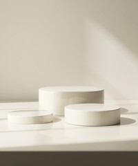 Three modern and minimal beige geometric round cylinder podium in sunlight, shadow for luxury beauty, skincare, cosmetic, body care product display background 3D