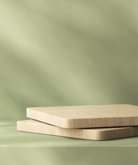 Brown wood plank podium on counter, soft beautiful dappled sunlight, leaf shadow on green wall for luxury organic cosmetic, skincare, beauty treatment product background 3D
