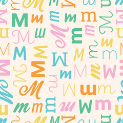 Letter M Alphabet seamless pattern playful decorative repeat backdrop background colorful decoration wrapping paper initial baby