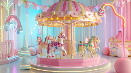 3d illustration A carousel with candy animals and colorful light