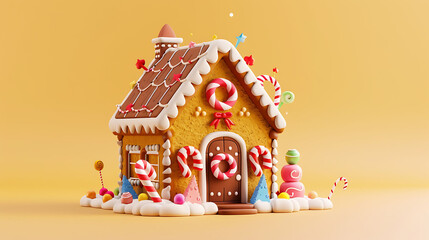 a 3d illustration of cheerful gingerbread house with candy decorations