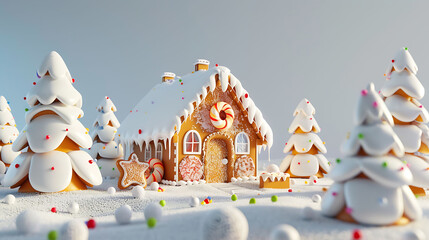 a 3d illustration of cheerful gingerbread house with candy decorations