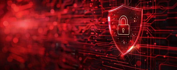 Digital security concept with a lock icon on a futuristic red background symbolizing data protection and cybersecurity.