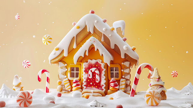 a 3d illustration of cheerful gingerbread house with candy decorations