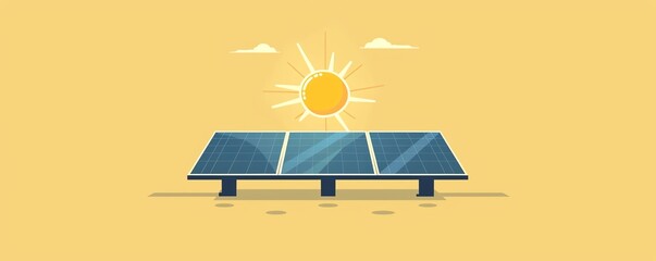Illustration of solar panels absorbing sunlight with a bright yellow sun and blue sky background. Eco-friendly renewable energy concept.