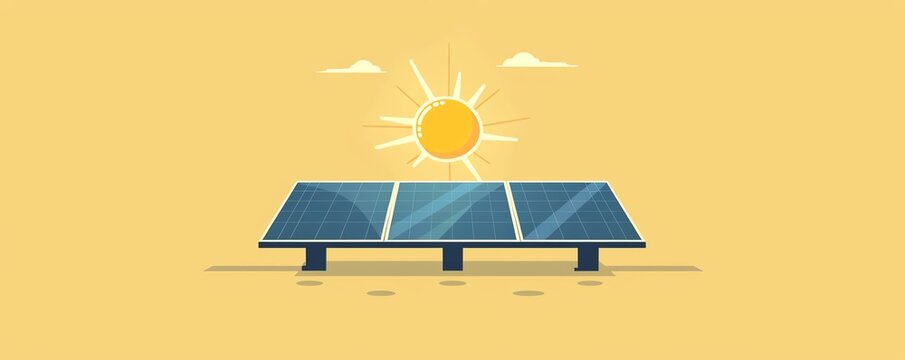 Illustration of solar panels absorbing sunlight with a bright yellow sun and blue sky background. Eco-friendly renewable energy concept.