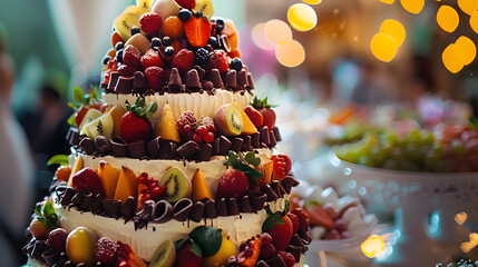 Fototapeta premium A large threetiered wedding cake on wedding banquet decorated with fresh fruit and chocolate Soft focus : Generative AI
