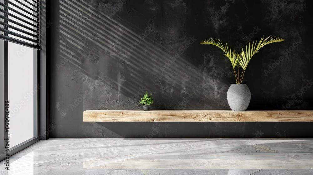 Poster a room with a large window and a plant in a vase on a shelf. generate ai image