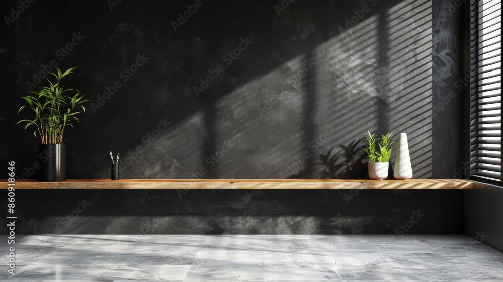 Poster a room with a large window and a plant in a vase on a shelf. generate ai image