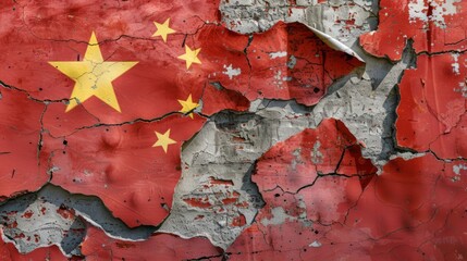 Iconic Chinese flag painted in faded cracked texture on on broken wall. The worn grungy background...