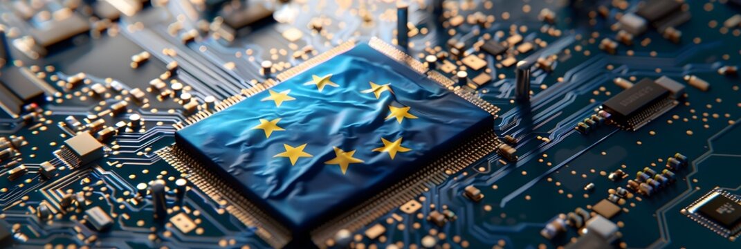 Futuristic Computer Chip with Painted European Union Flag - Powered by Adobe