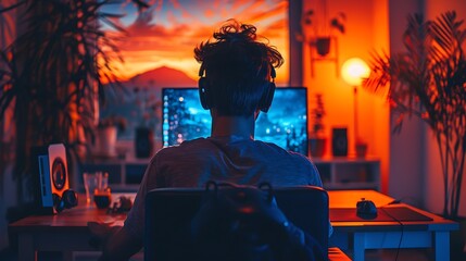 Obraz premium A detailed and realistic image of a gamer playing late at night, illuminated by the soft glow of their computer screen and ambient RGB lighting.