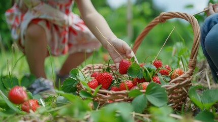 A young child is picking strawberries in a field. Generate AI image