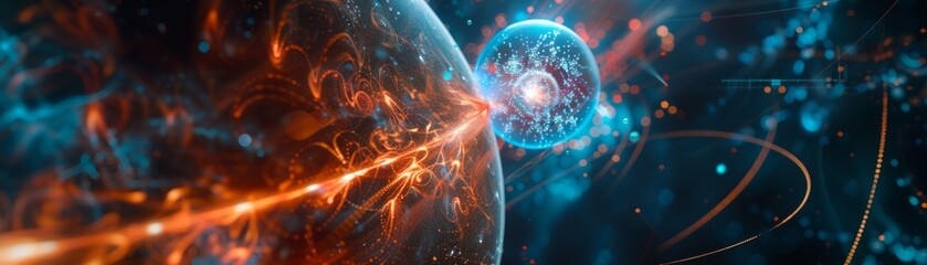 Futuristic digital artwork depicting a vibrant space scene with planets, glowing particles, and dynamic energy lines.