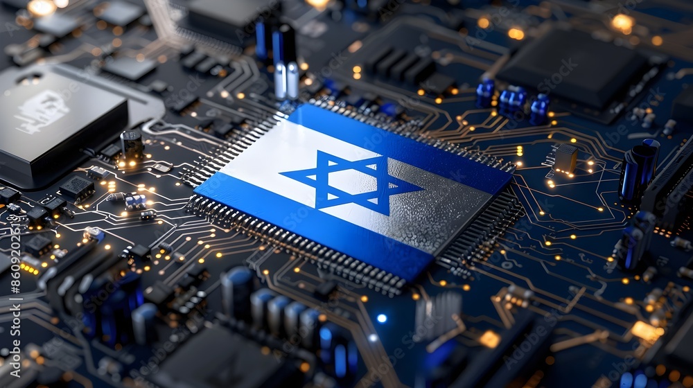 Poster israel flag represented on advanced computer chip technology symbolizing innovation and cybersecurit