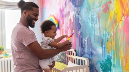 Obraz premium LGBTQ couple holding their newborn baby in a cozy nursery decorated with pastel colors, surrounded by stuffed animals and baby furniture