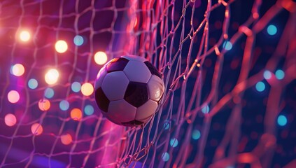 Fototapeta premium Soccer Ball in Net with Vibrant Neon Lights in Background, Capturing the Excitement of a Goal