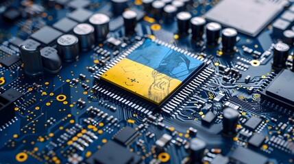 Semiconductor Technology with Ukraine Flag Motif on Computer Motherboard