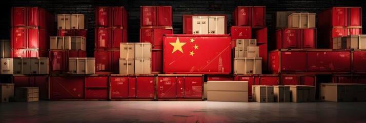 Stacks of cardboard boxes with Chinese national flag