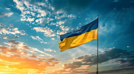 Ukraine National Flag Waving in Dramatic Sunset Sky