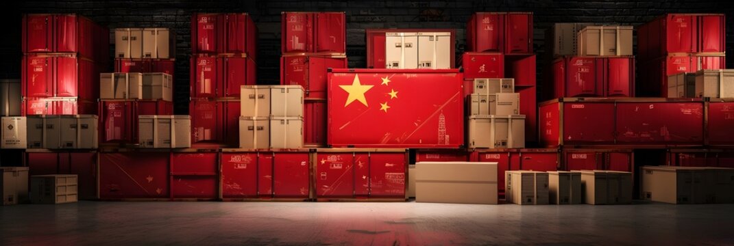 Stacks of cardboard boxes with Chinese national flag - Powered by Adobe