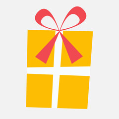gift in yellow packaging with a red bow