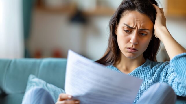 Very concerned young woman looking at a letter (could be a final payment bill, lay off news or bad news in general) sitting at her home living room couch
