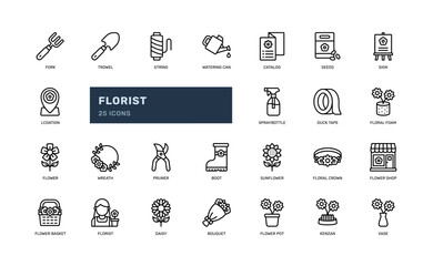 florist floral flower shop design craft outline line icon set