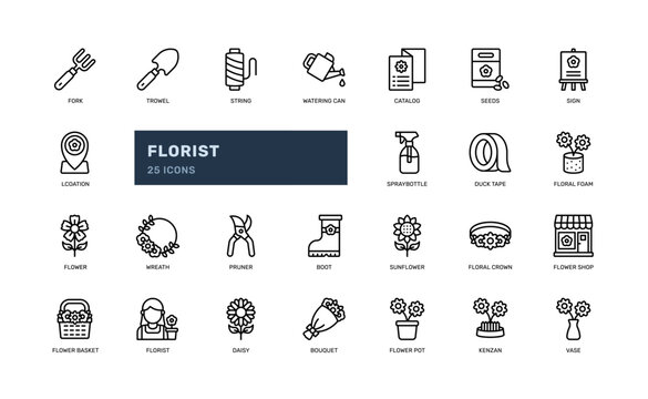 florist floral flower shop design craft outline line icon set