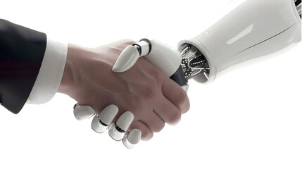 Businessman shaking hands with AI isolated on a transparent PNG background, white background , cut out, clipping path, Generative Ai
