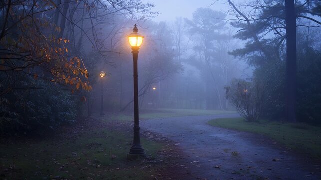 Serene foggy evening with a radiant lamp post, the light diffusing gently through the mist, highlighting the tranquil, empty path