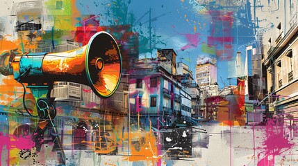Vibrant collage art with loudspeaker and cityscape. Photomontage of street view, colorful abstracts,
