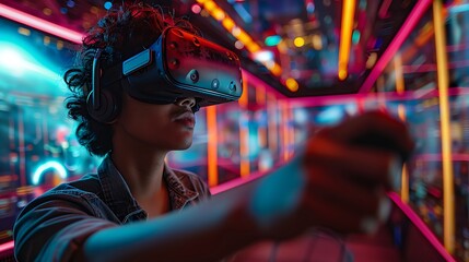 Obraz premium A lifelike photograph of a person fully absorbed in a virtual reality game, wearing a VR headset and holding controllers.