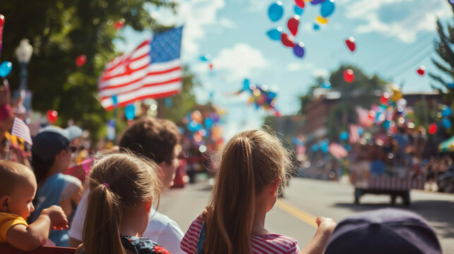 A group of people watching a parade with flags and floats passing by, US Independence Day, community, hd, cheerful with copy space