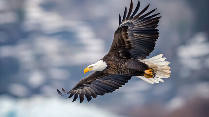 Obraz premium A bald eagle soaring high with an American flag in the background, US Independence Day, majestic, hd, powerful with copy space