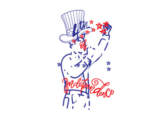 4th of July hand written text vector illustration with red and blue color, stars and USA flag stripes. 4th July American Independence Day. Banner, poster, greeting card. 4th July typography.