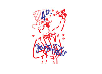 4th of July hand written text vector illustration with red and blue color, stars and USA flag stripes. 4th July American Independence Day. Banner, poster, greeting card. 4th July typography.