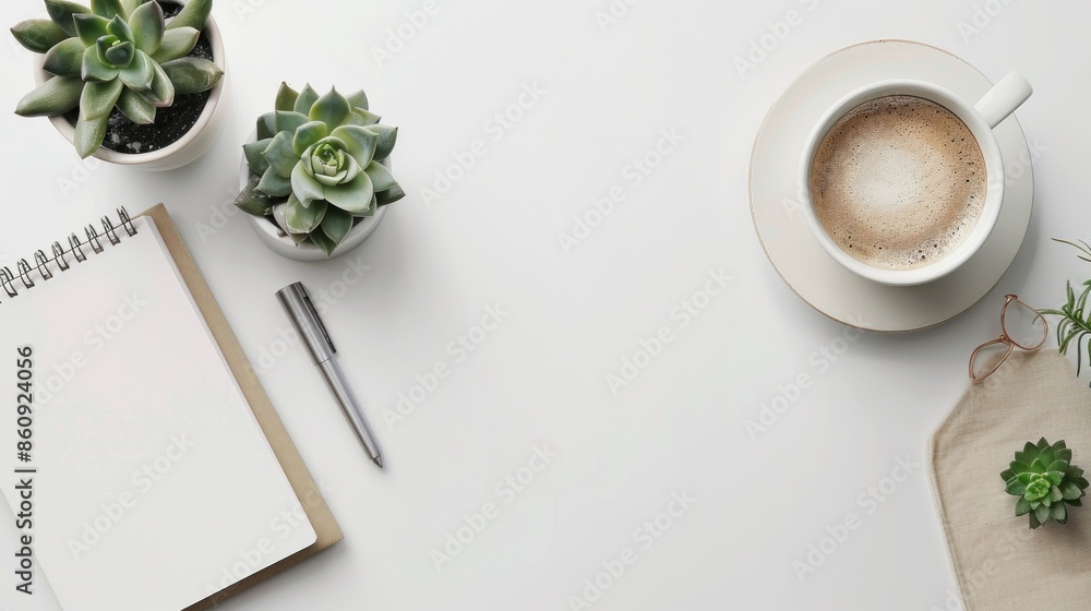 Poster a white notebook with a pen on it sits on a table with a cup of coffee. generate ai image