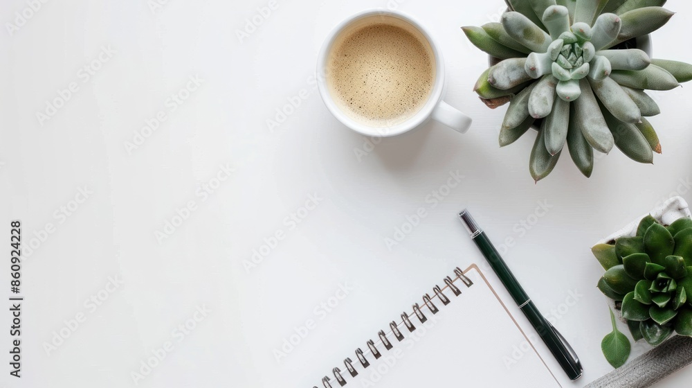 Poster a white notebook with a pen on it sits on a table with a cup of coffee. generate ai image