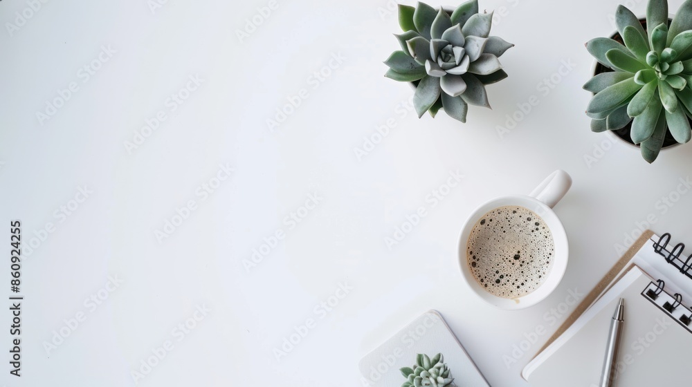 Poster a white notebook with a pen on it sits on a table with a cup of coffee. generate ai image
