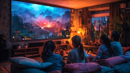 A lifelike scene of a family gaming night, showing parents and children playing a multiplayer game on a large screen.