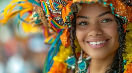 Fototapeta premium A colorful portrait of a smiling young woman surrounded by flowers, celebrating a joyful summer day