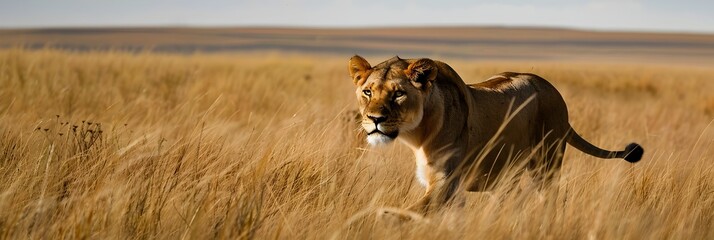 Majestic Lioness Prowling Through the Lush Grasslands Showcasing Her Strength and Grace