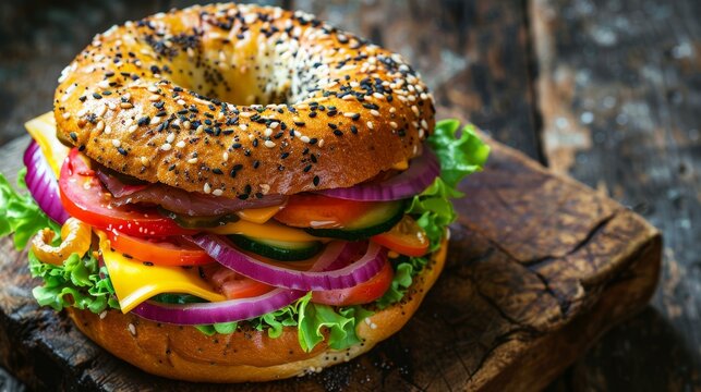 Top-down view of a gourmet bagel burger, colorful layers of fresh veggies, melted cheese, and a toasted bagel bun