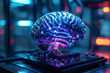 Obraz premium AI technology symbolized by illuminated brain over electronic board