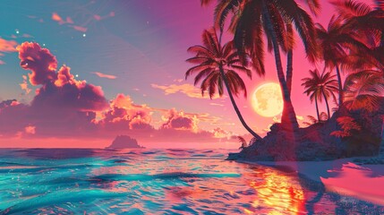 Artistic summer collage with palm trees and beach scenery in sunset hues, blending vintage charm with vibrant tropical colors and textures.
