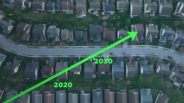 Aerial view of a suburban neighborhood with single-family homes and a green arrow overlay indicating population growth and rising housing market trends. Drone top down with animation.