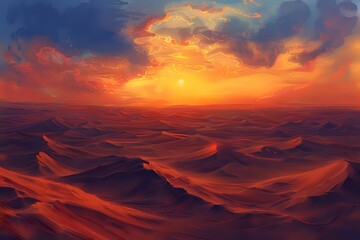 A fiery sunset over rolling sand dunes in the desert.