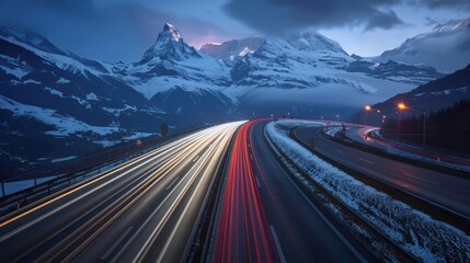 A highway with a mountain in the background. Generate AI image