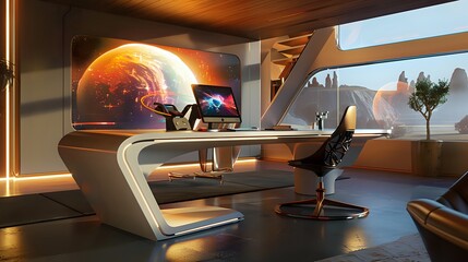 Futuristic office interior with a view of an alien planet.